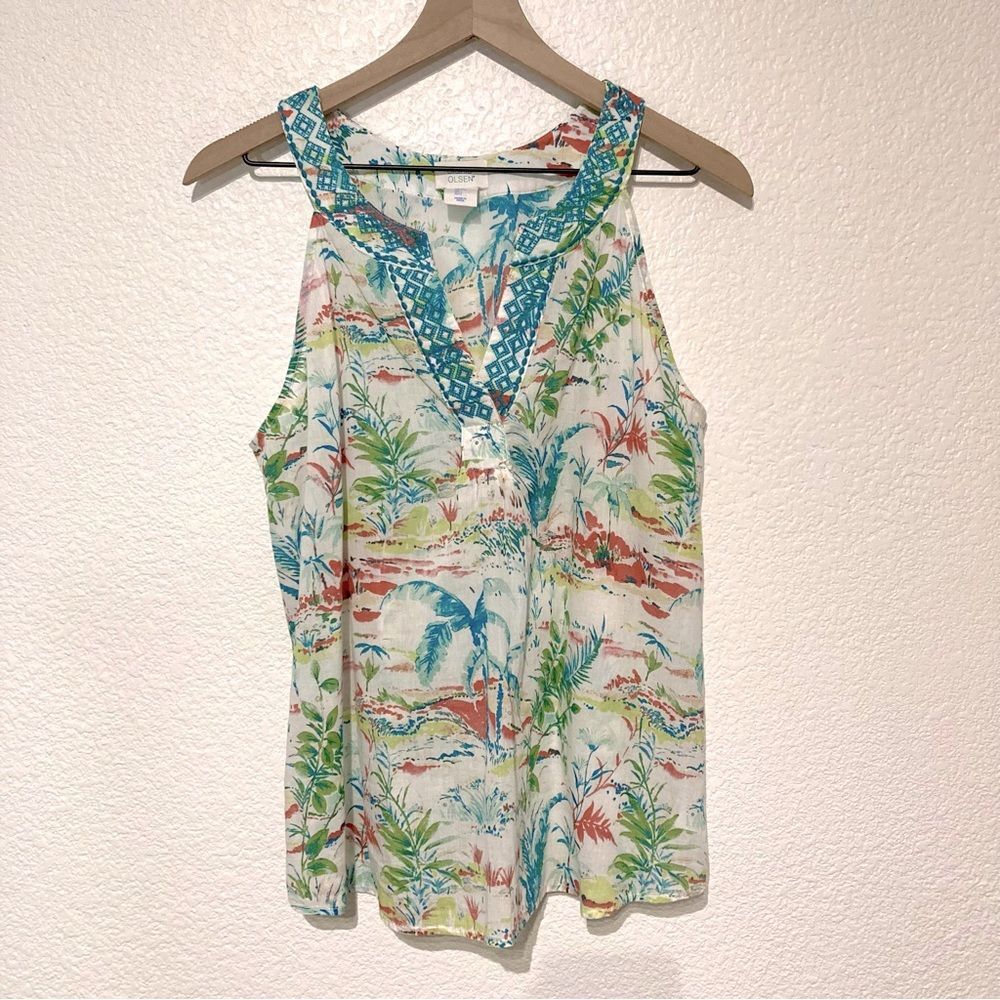 Sigrid Olsen Tropical Print Sleeveless Top Large Embroidered